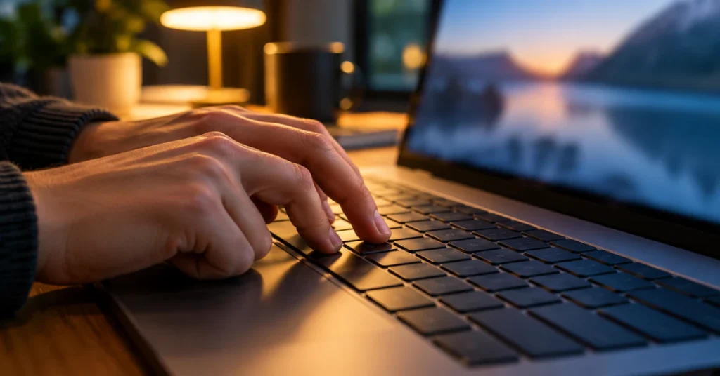 Hands pressing keys to run the Task Manager test on a flickering Windows laptop