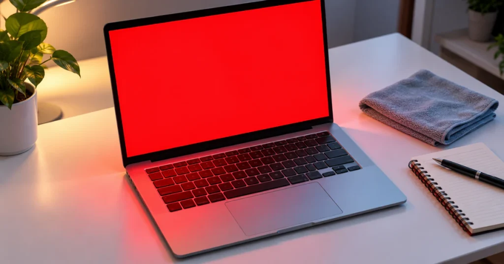 Built-in screen test on a laptop showing a solid red color to check for flicker