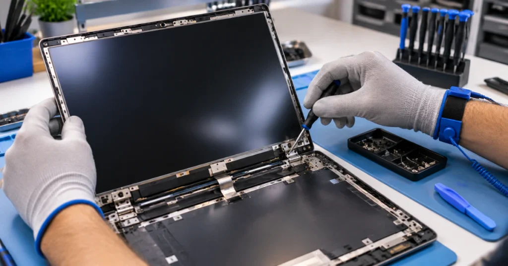 Technician performing a professional laptop screen repair on an anti-static workbench